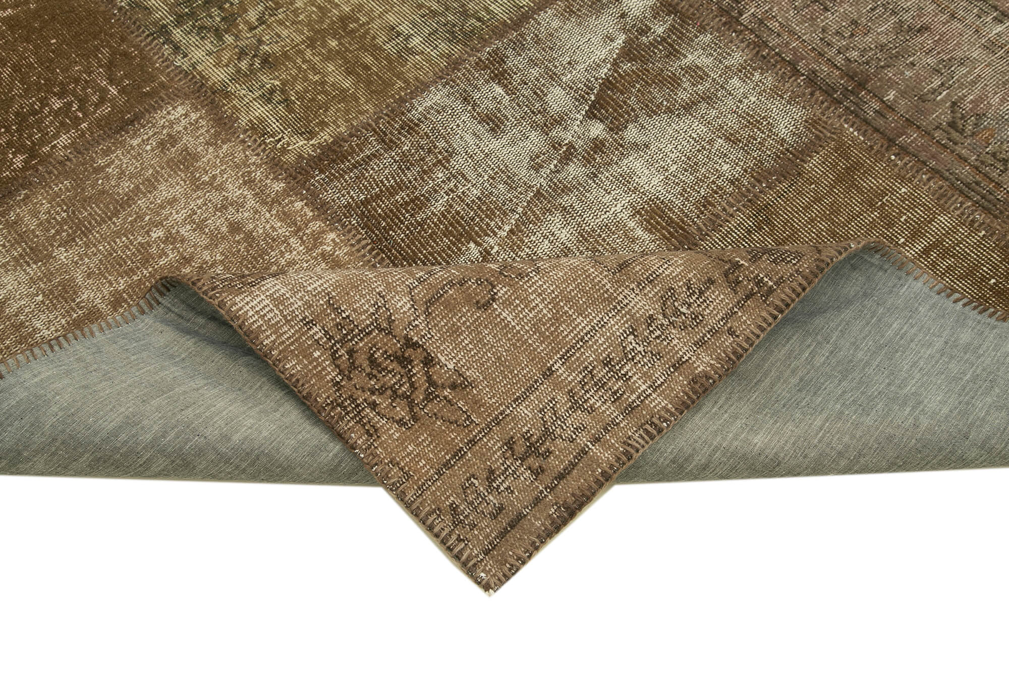 Handmade anatolian overdyed 196 cm x 302 cm brown patchwork carpet