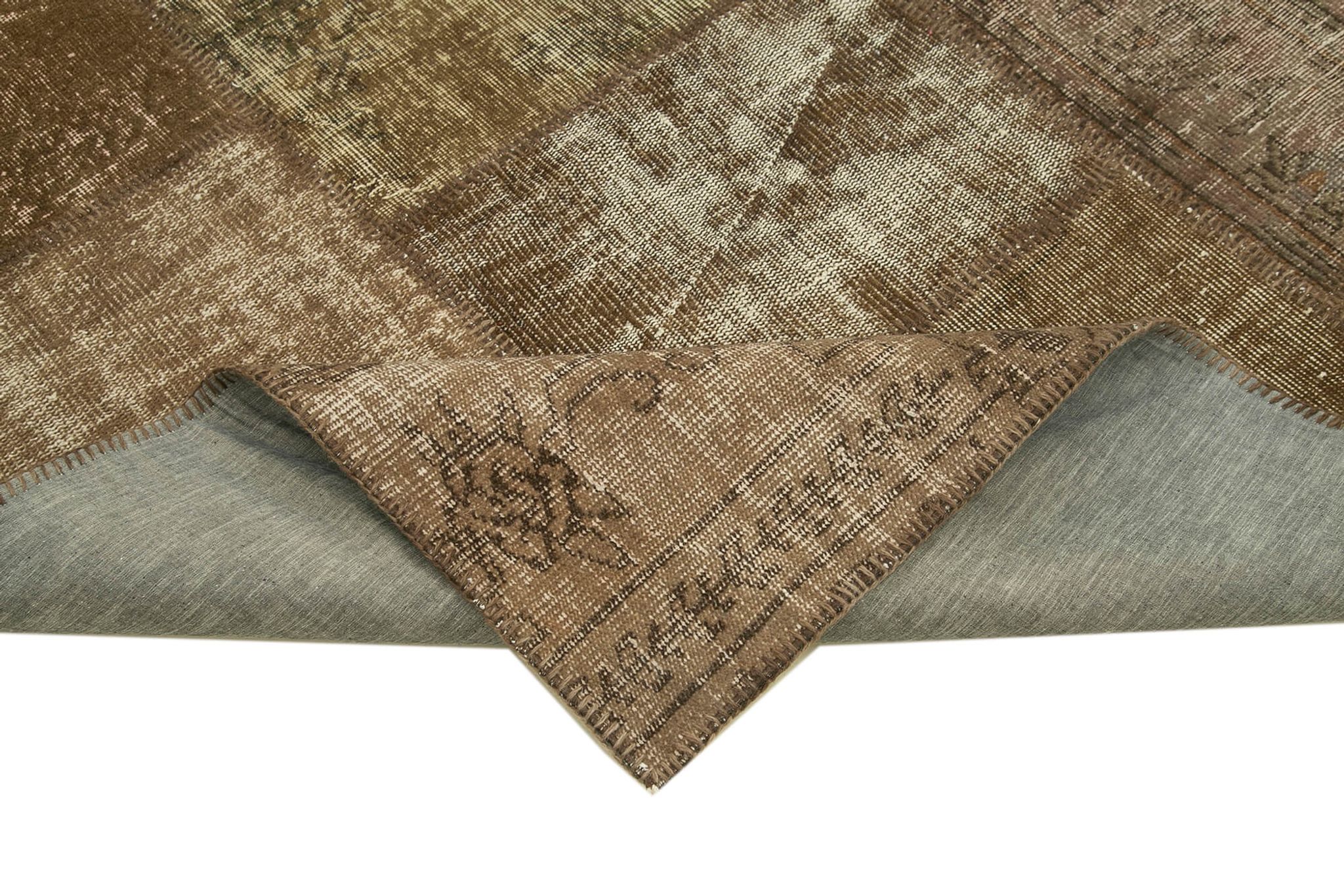 Handmade anatolian overdyed 196 cm x 302 cm brown patchwork carpet