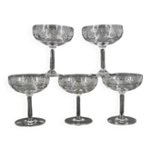 Baccarat Sévigné 5 champagne glasses, engraved crystal, excellent condition, unsigned.