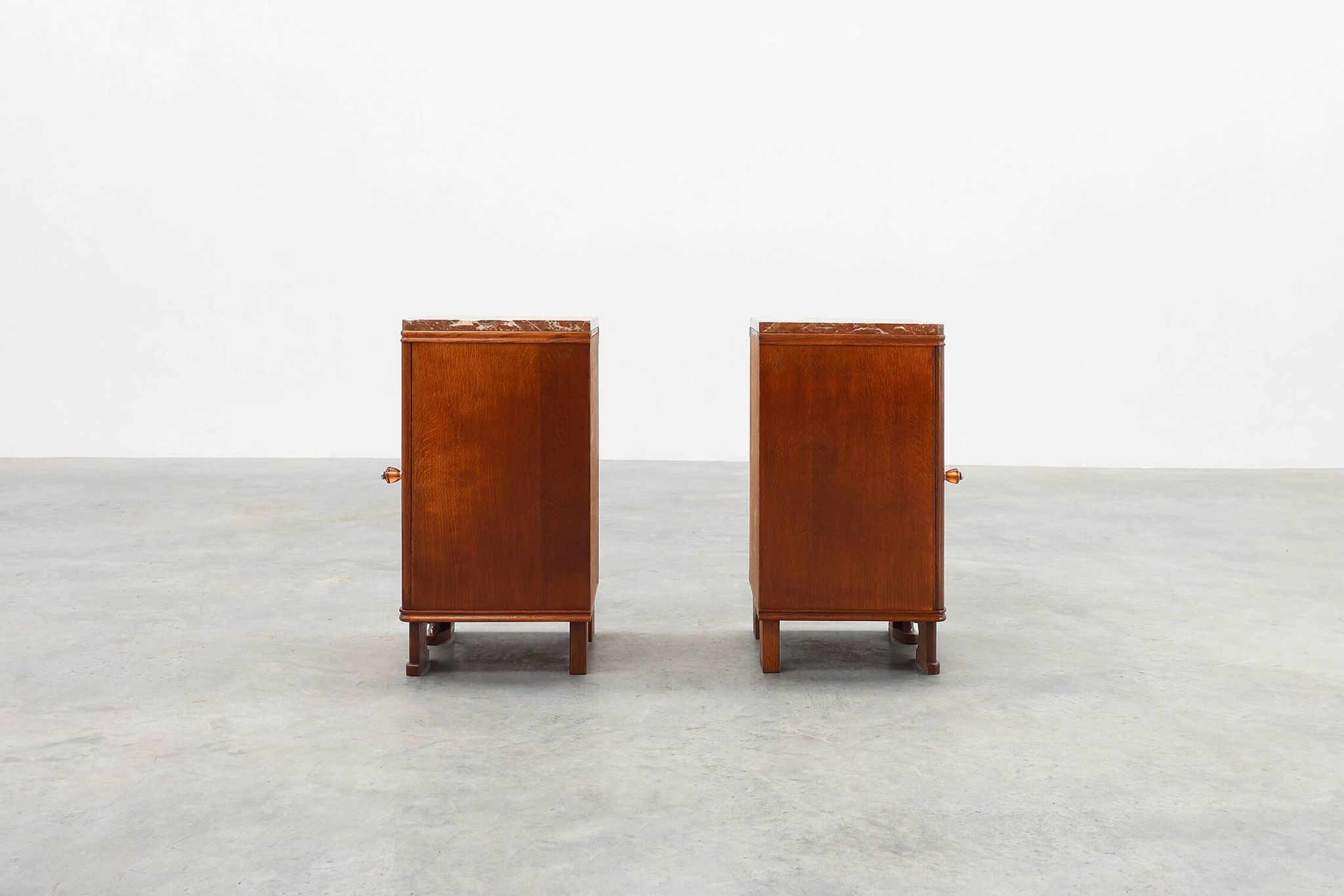 Pair of Art Deco nightstands in oak with marble top, France ca. 1925
