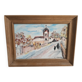 Tableau Huile sur Carton entoilé - Paysage Village Jura signé J Mathieux