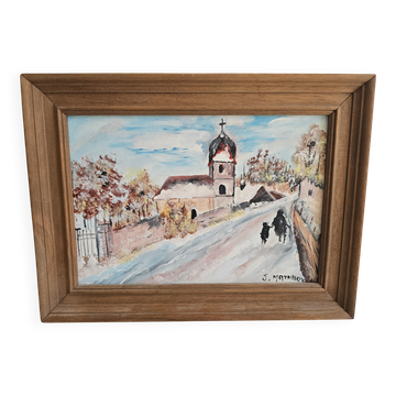 Oil on Canvas Board - Landscape Village Jura signed J Mathieux