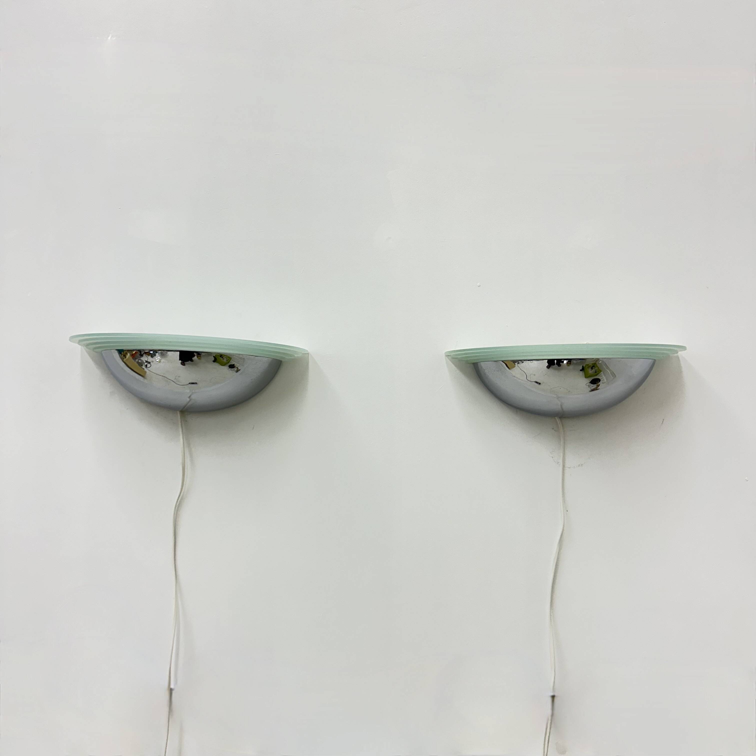 Pair of post modern wall lamps chrome and glass , 1980s