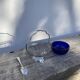 Silver-plated metal and blue glass sugar and salt shaker