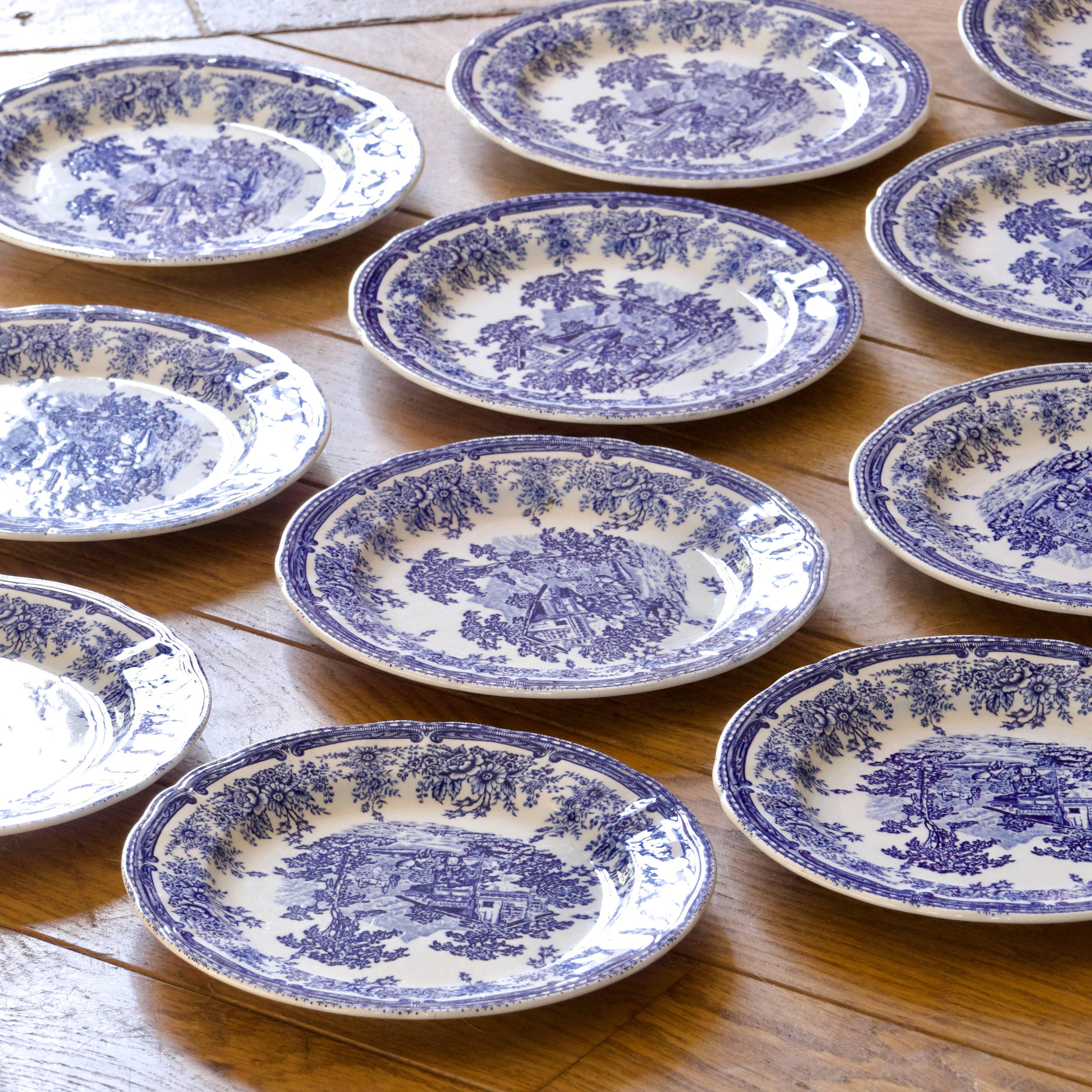 11 antique plates signed Lunéville, English Style collection