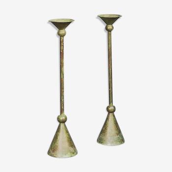 Pair of bronze patina metal candlesticks
