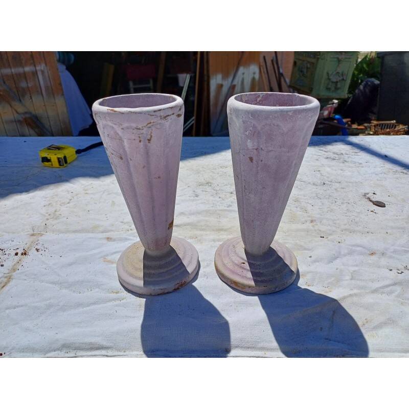 Pair of mauve enamelled cast iron art deco vases from Charleville-Mézières