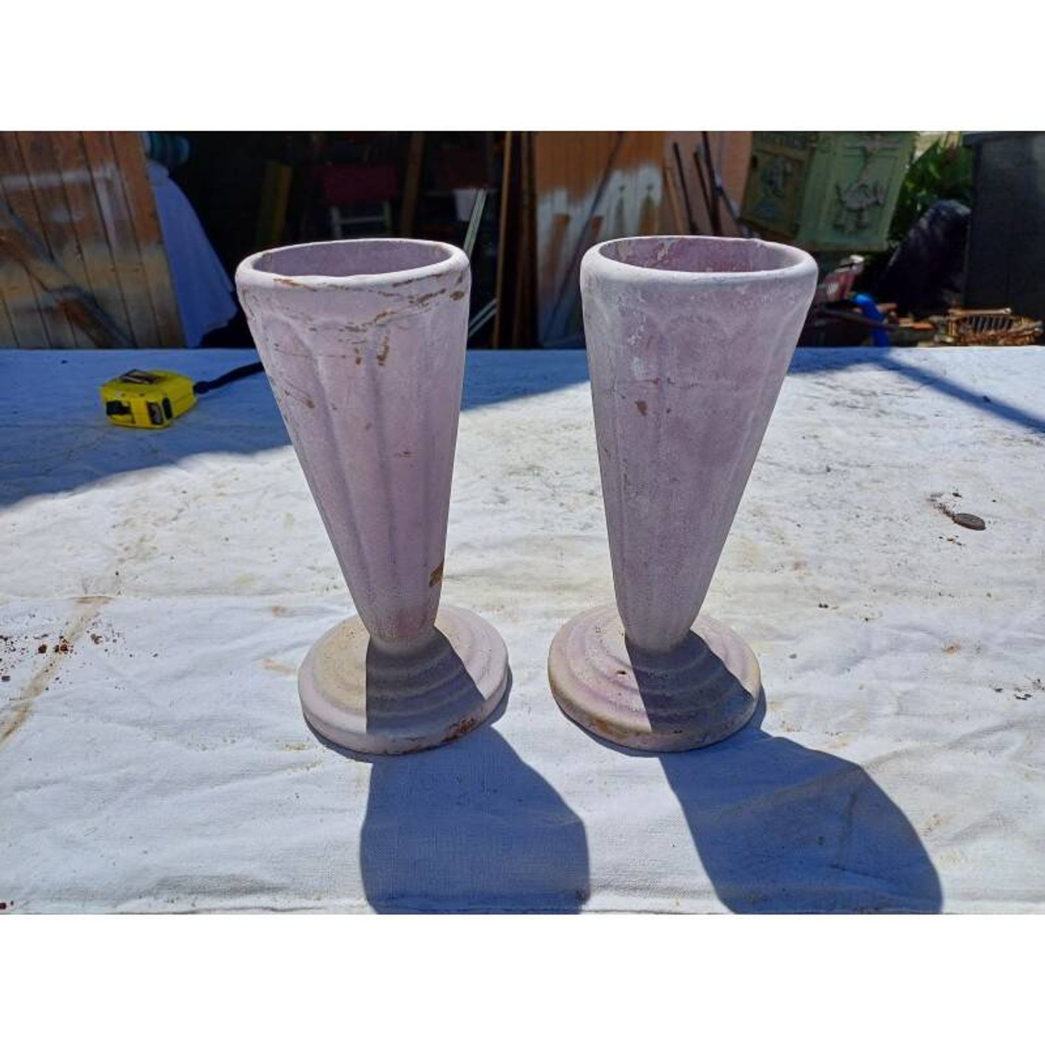 Pair of mauve enamelled cast iron art deco vases from Charleville-Mézières