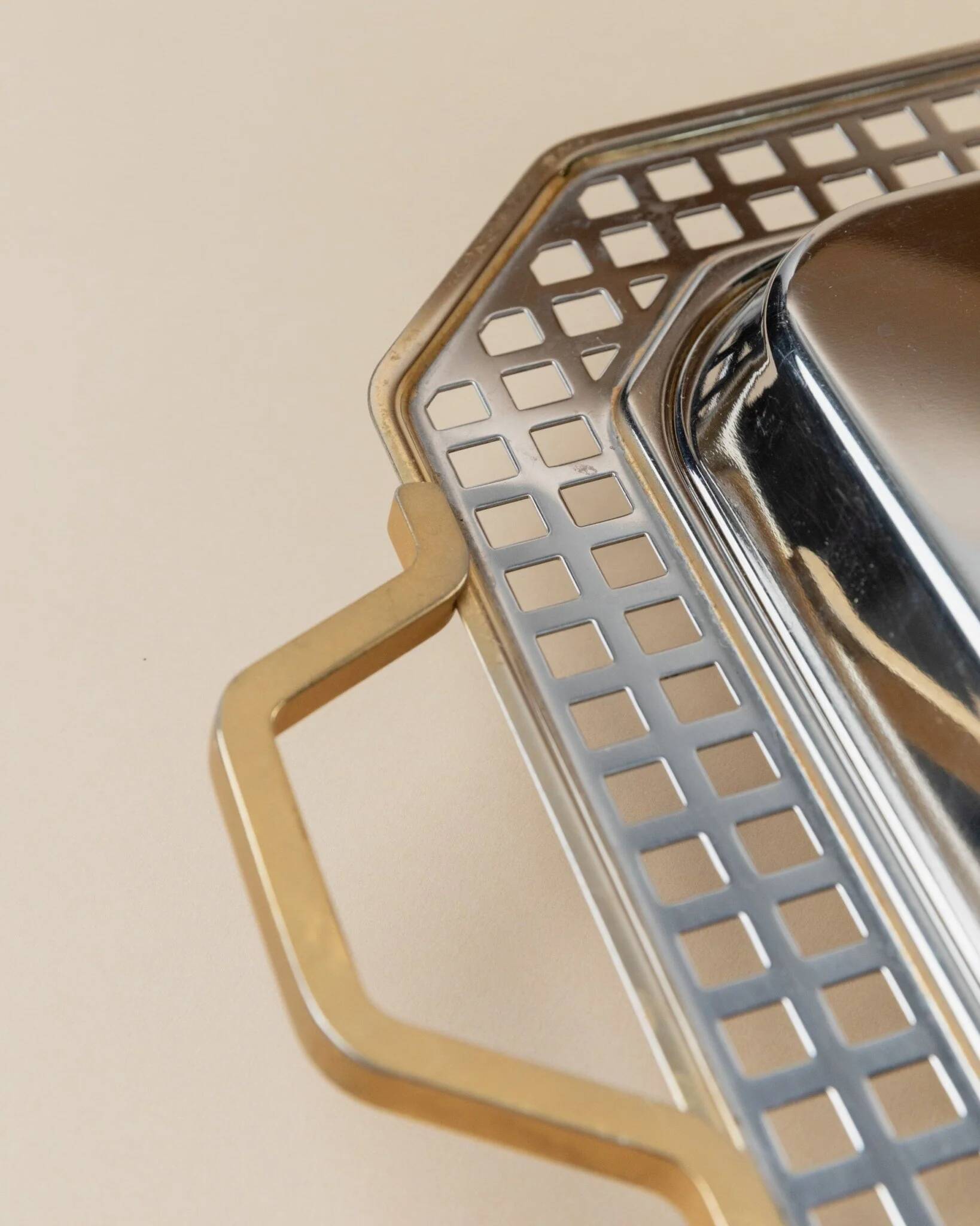 Vintage stainless steel serving tray Inoxpran Orchidea line, silver with gold-plated edge, Italian 1980s design