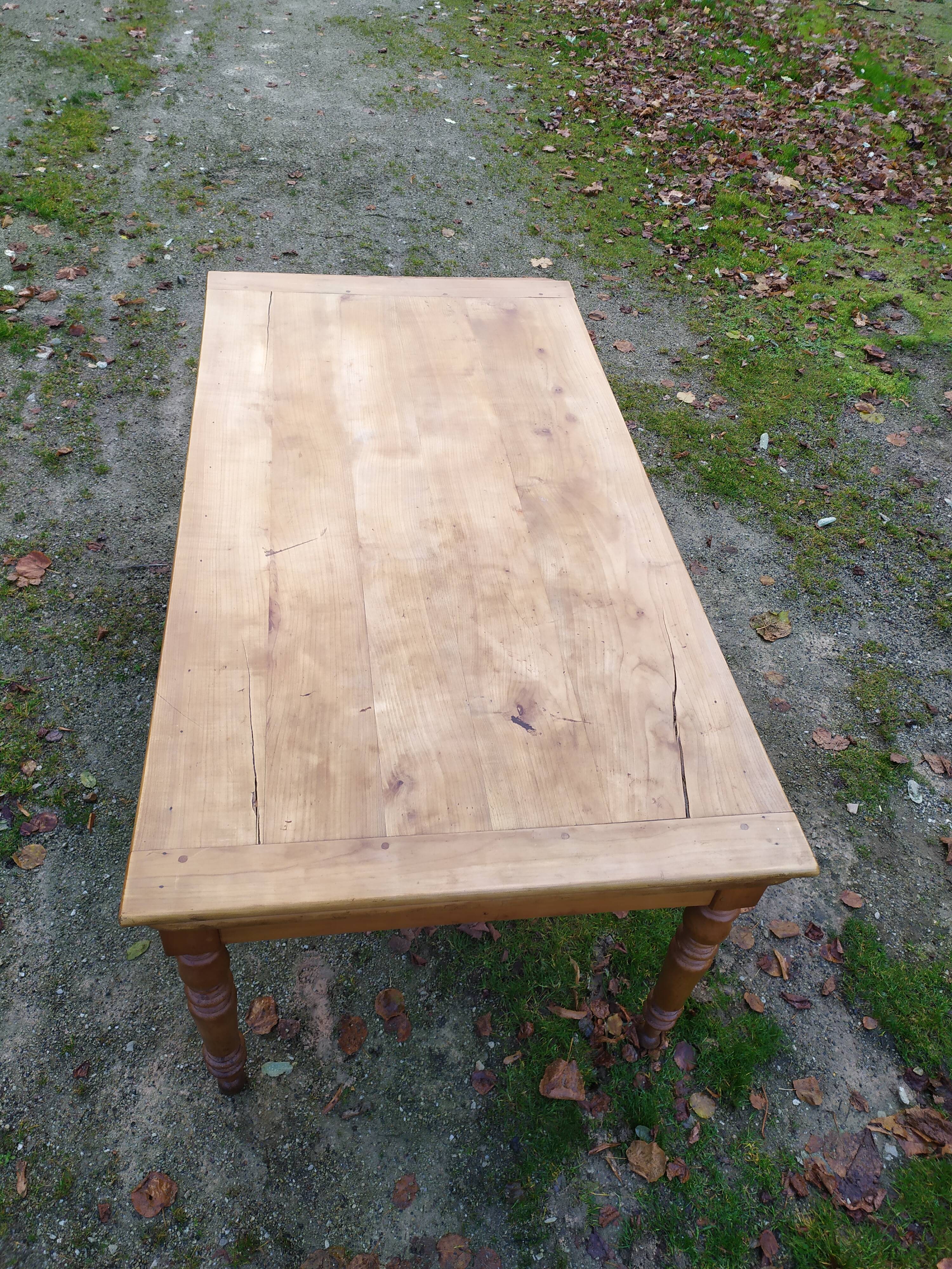 Cherry farm table, turned legs, 2 extensions