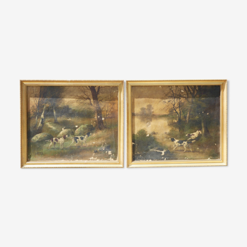 Pendants of framed oils on canvas, hunting scenes