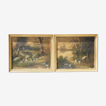 Pendants de scènes de chasse, huiles sur toile encadrées