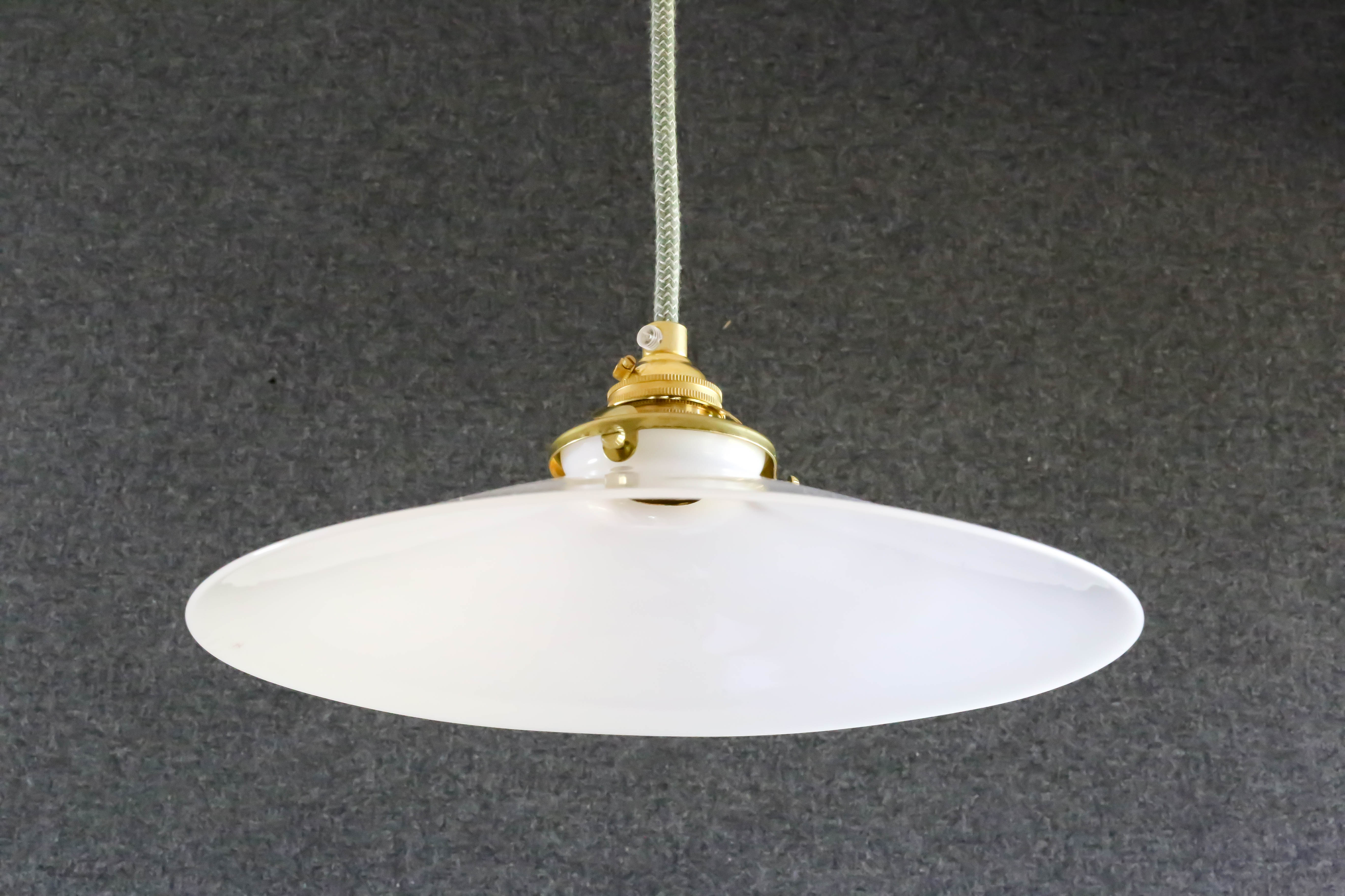 Smooth white opaline pendant lamp comes with a new cable and new brass socket
