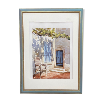 Watercolor on paper by togla leris courtyard armchair rattan xxth