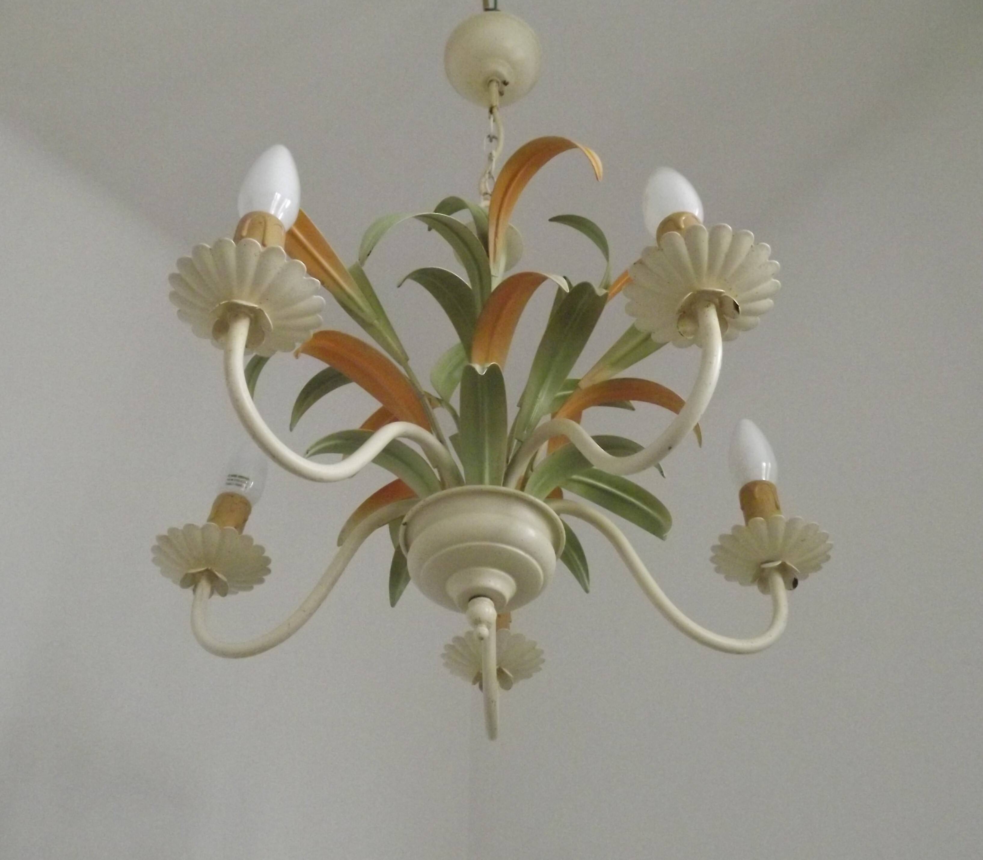 French Vintage Cream 5 Light Metal Chandelier Green and Peach Leaves
