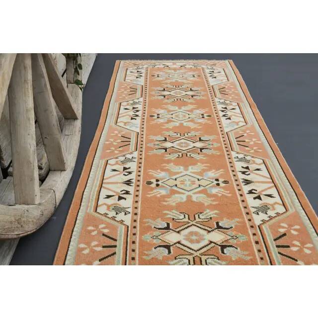 Vintage Turkish Hand-Knotted Wool Cotton Orange Runner Rug 77x276