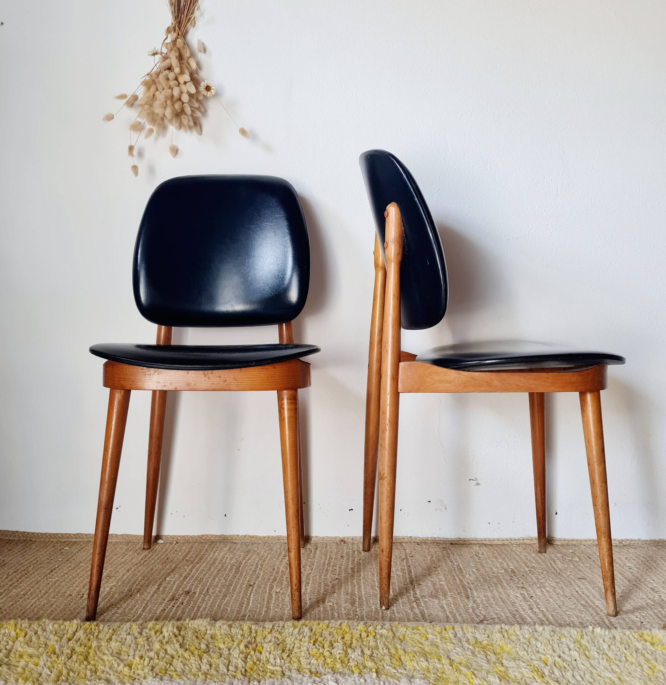Pair of vintage 1960 chairs – Tapered legs & Black faux leather