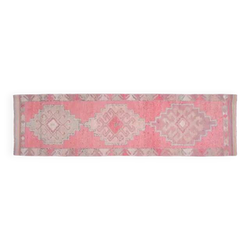 Tapis couloir vintage turc Oushak fait main en laine et coton rose des années 1970 93x327