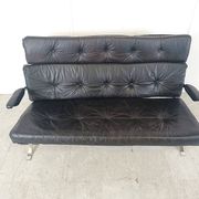 Canapé vintage en cuir noir et chrome, années 1970