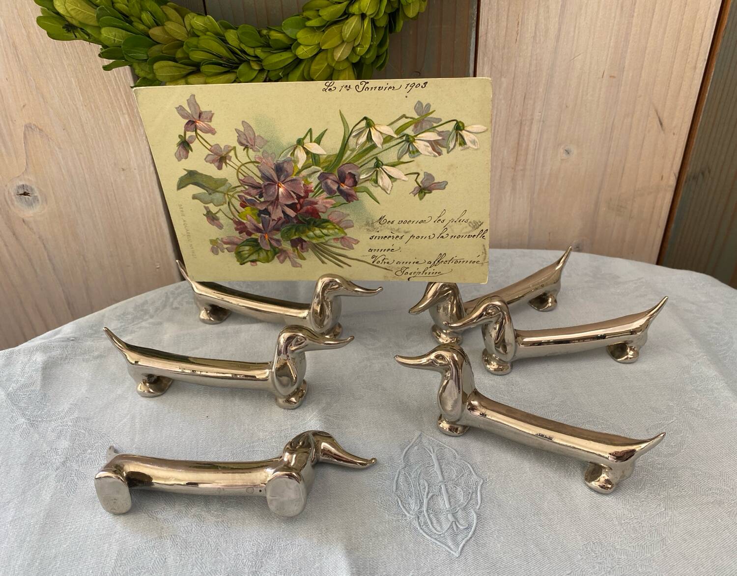 Set of 6 vintage V. Bugatti dachshund knife holders