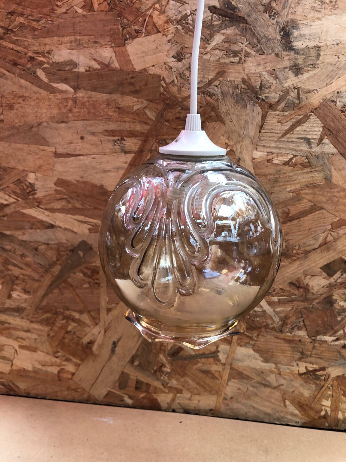 Old Molded Glass Ball Pendant Lamp 70's Vintage