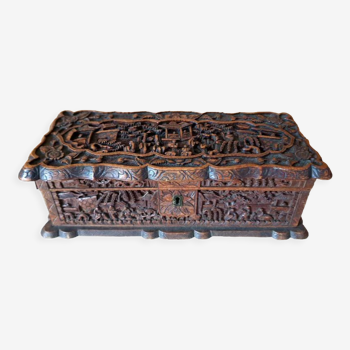 Coffret en bois de Santal, sculpté de scènes de vie, de marchés, de personnages, Chine, Canton