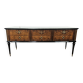 Commode 6 tiroirs en bois, laiton et verre, années 60