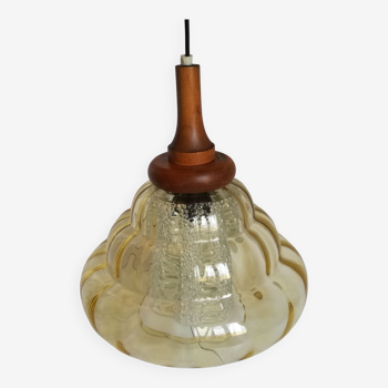 Scandinavian jellyfish pendant lamp in glass and wood 1970