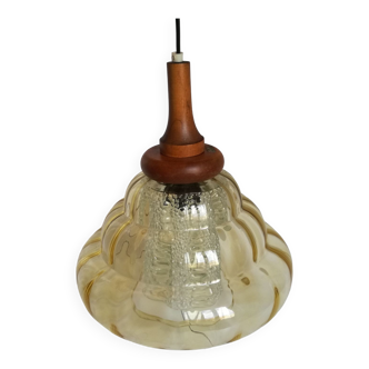 Scandinavian jellyfish pendant lamp in glass and wood 1970