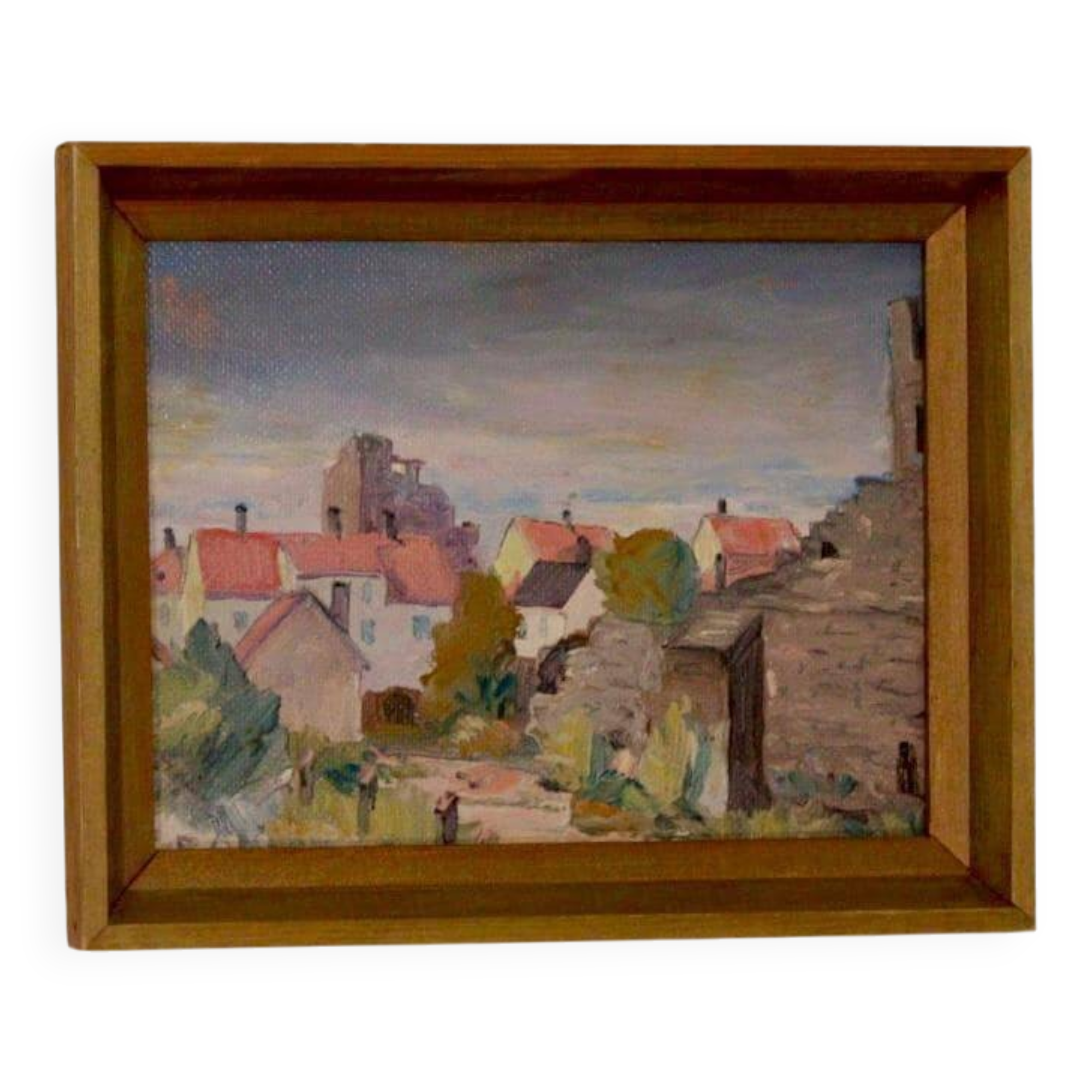 Huile sur panneau suédoise originale du milieu du siècle « Visby City » par ER.OLSSON