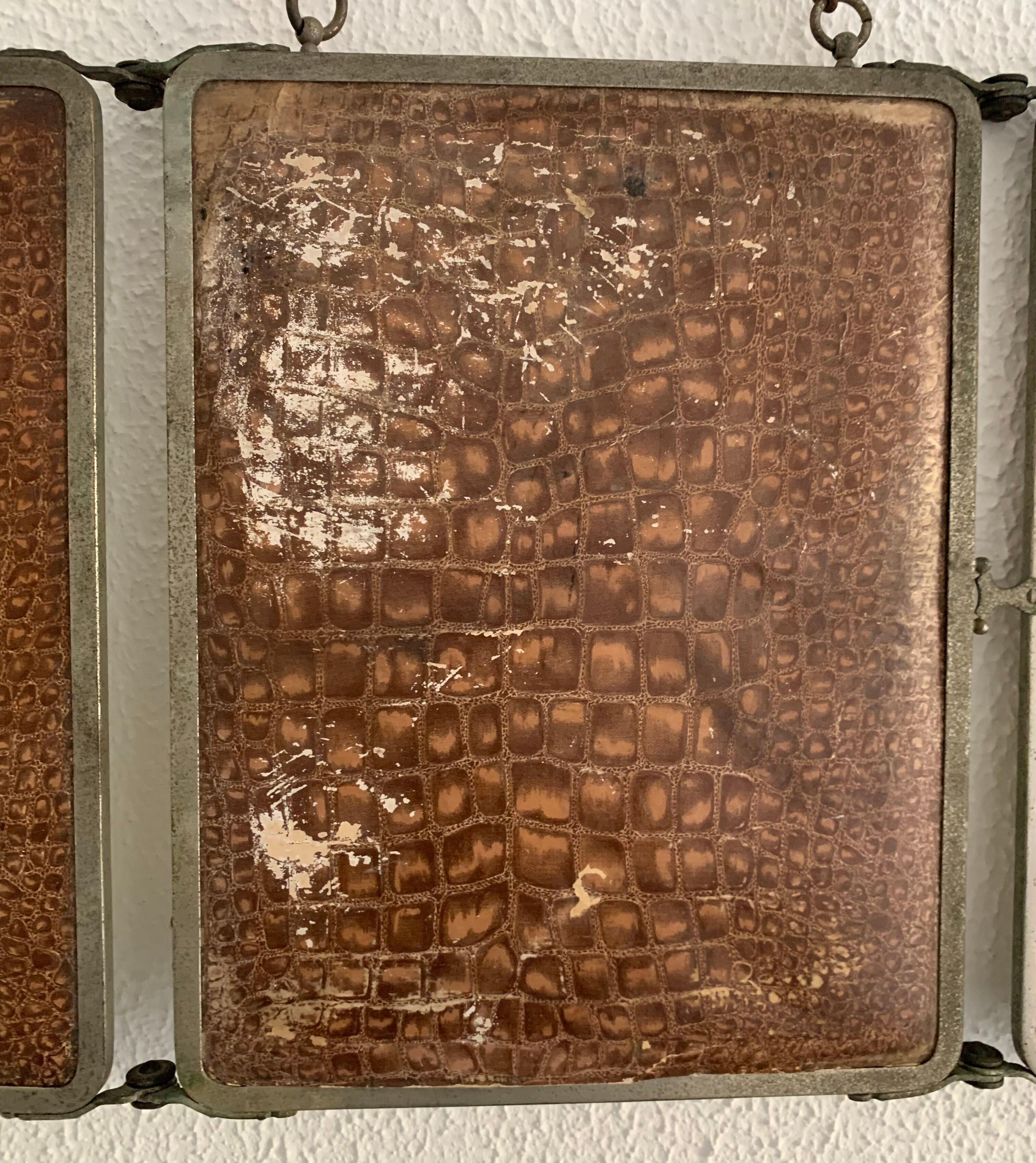Mirror triptych barber imitation crocodile brown vintage 1930 - 27 x 66 cm