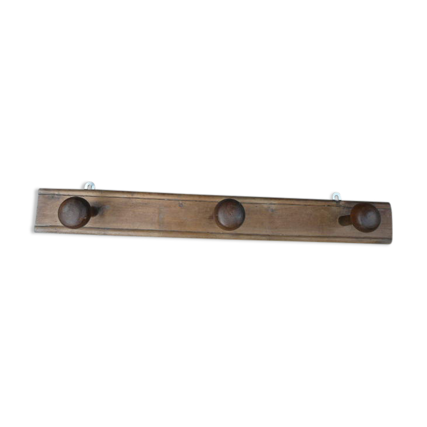 Wooden wall coat holder with 3 vintage hooks