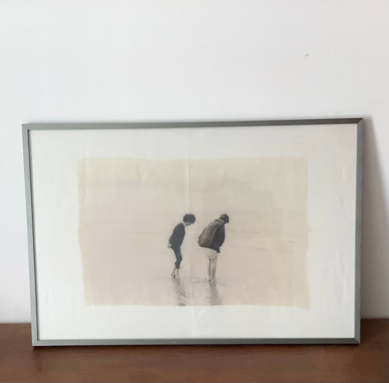 Black and white photo on fabric, framed