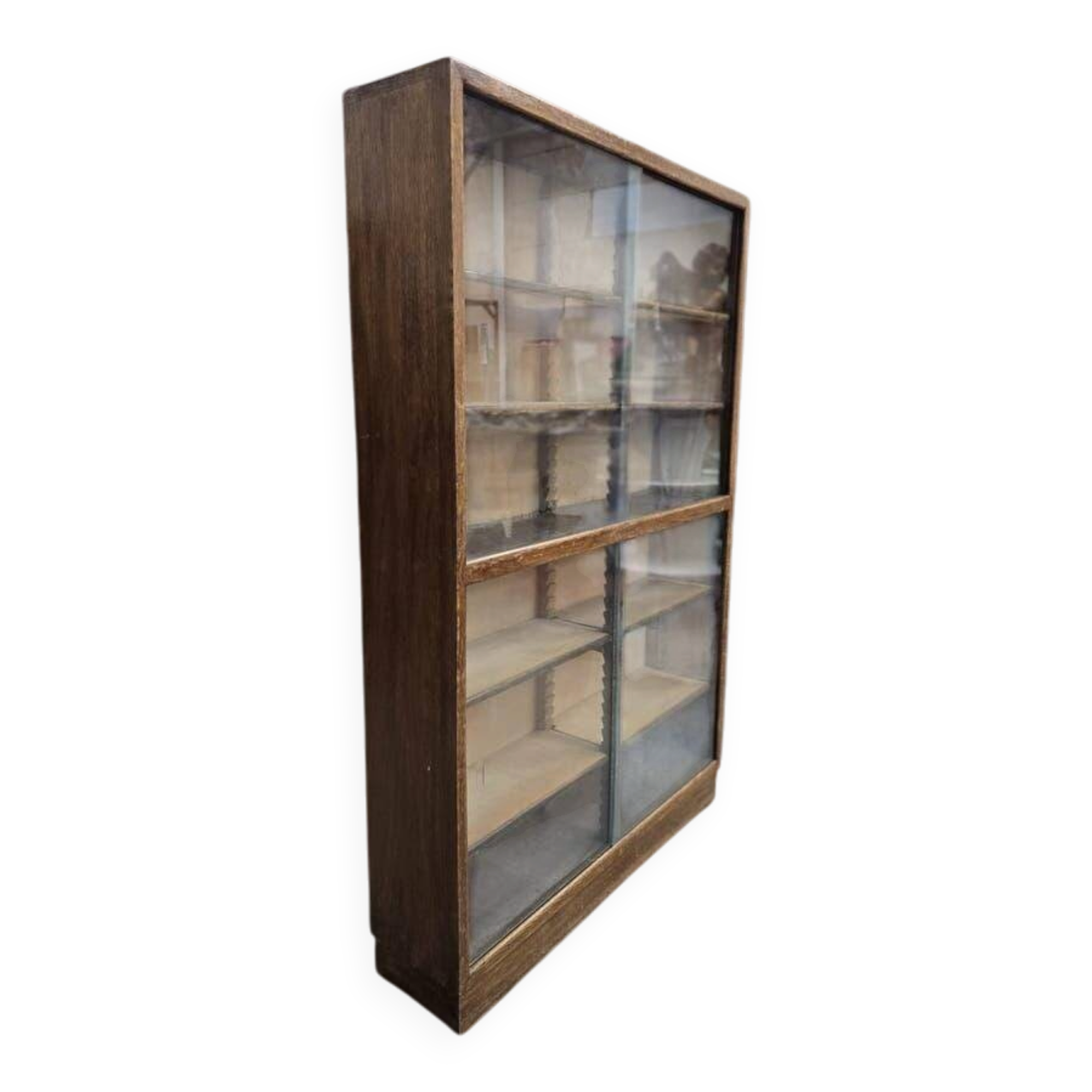 Vintage shallow wooden display shelf with sliding glass doors.
