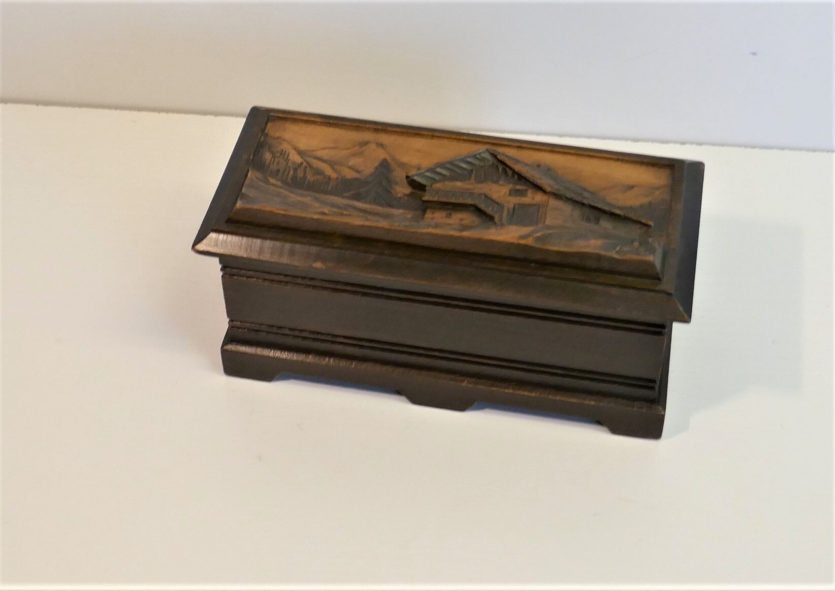 Vintage carved wooden box of a mountain landscape in relief
