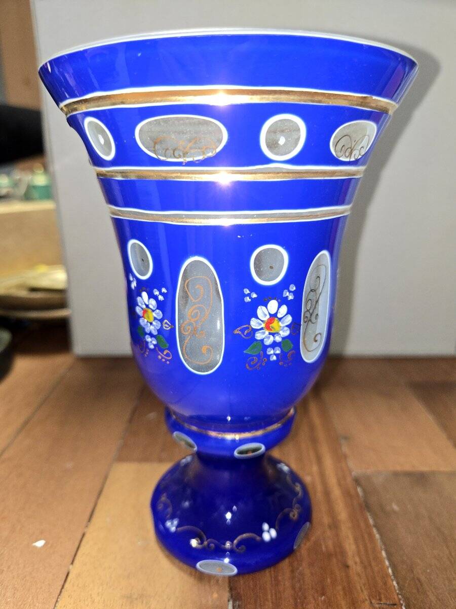 Large blue enamelled glass chalice (Bohemian glass 20th century)