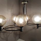 Lustre vintage 6 globes verre fumé et metal chromé années 70