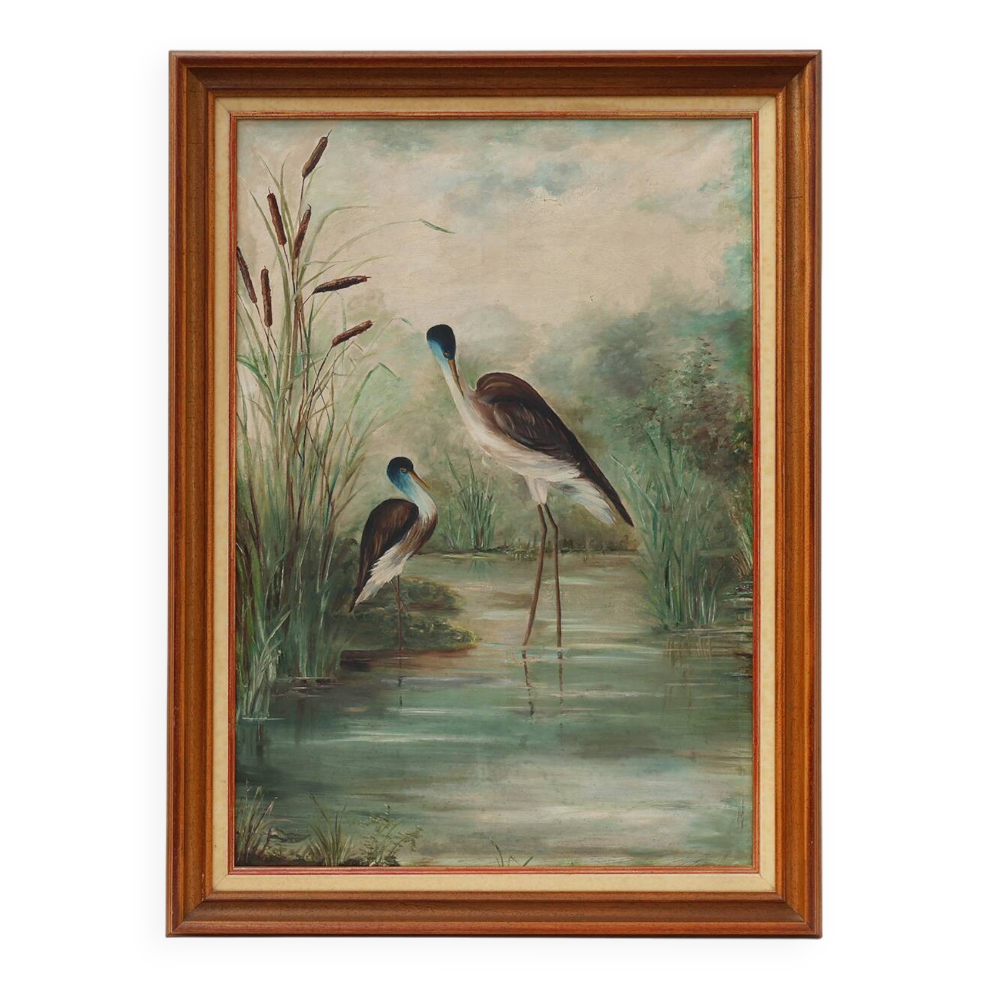 Large decorative painting of birds in water, France 1960s