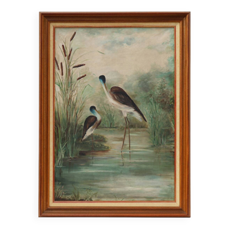 Large decorative painting of birds in water, France 1960s