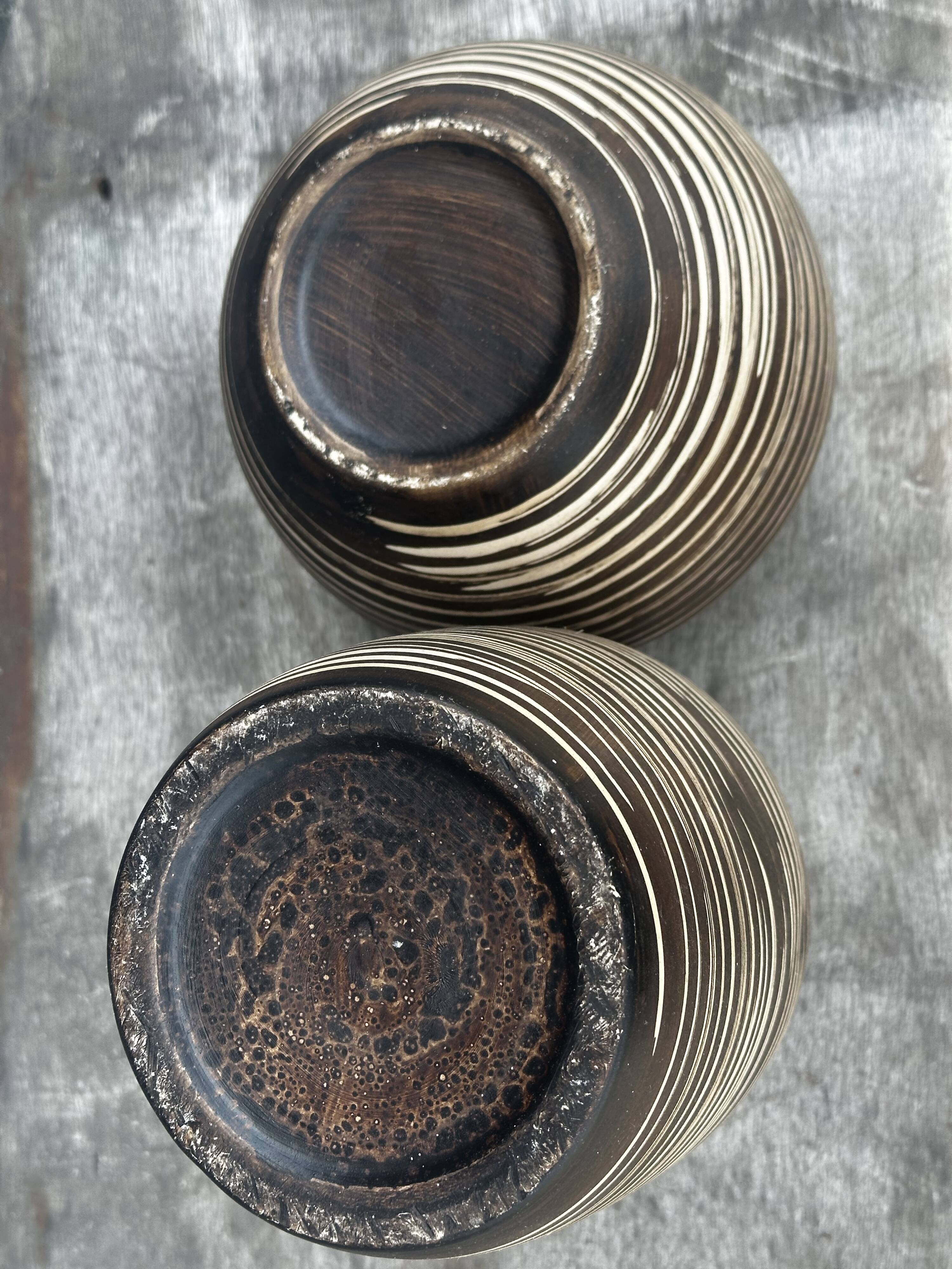 Two Vintage Ethnic Ceramic Vases in Cream and Brown Striped