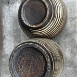 Two Vintage Ethnic Ceramic Vases in Cream and Brown Striped