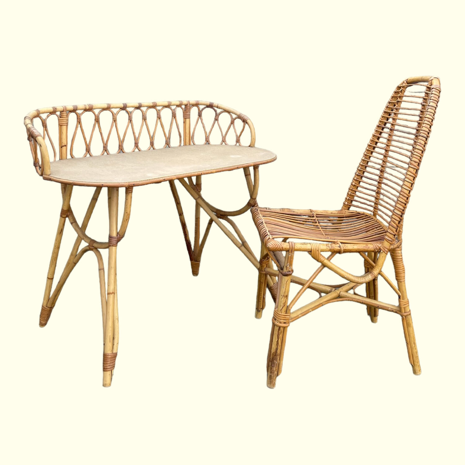 Bamboo and rattan desk and chair set, circa 1970