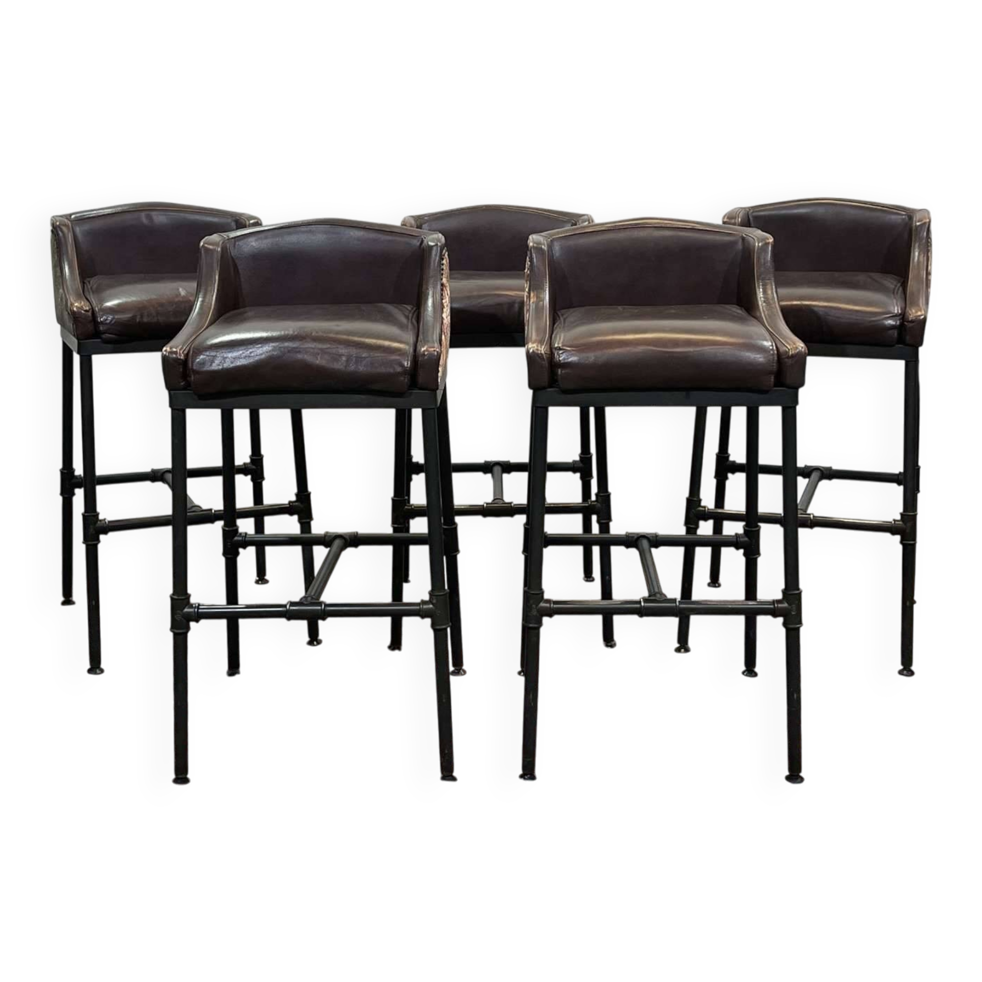 Série de 5 tabourets style industriel en métal et cuir, travail moderne