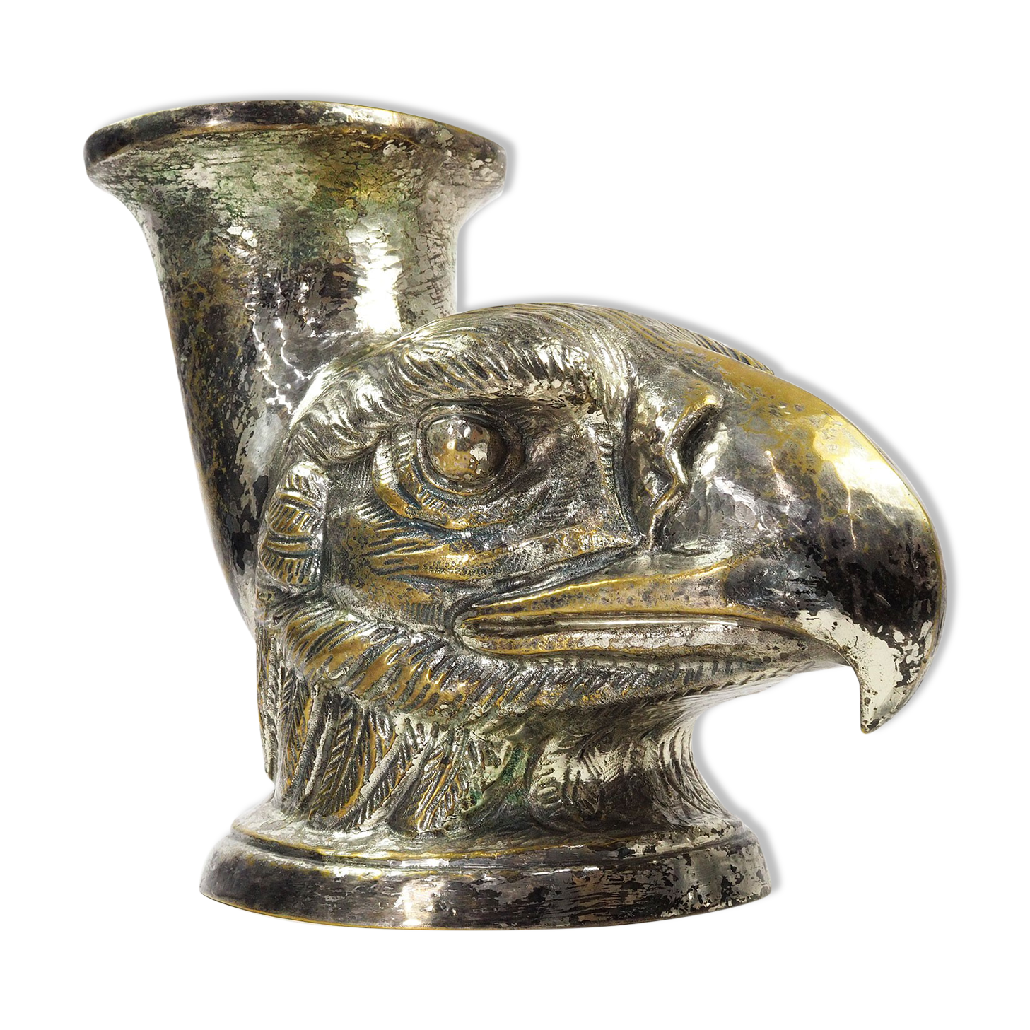 Ancient Vase Rhyton Eagle Head in Silver Brass-1900s