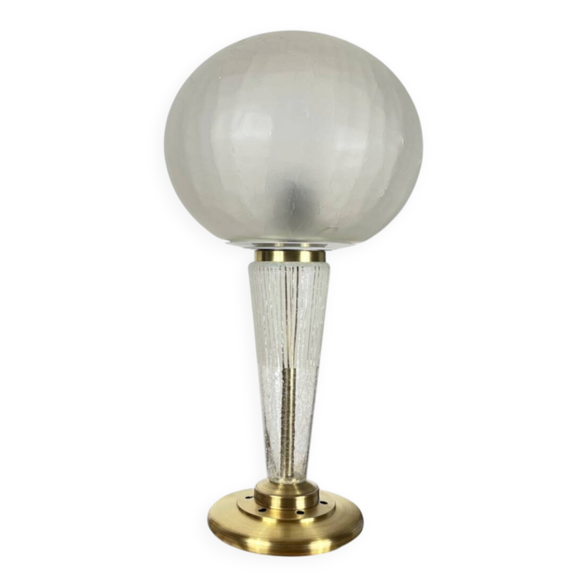 Large globe table lamp with a cracked glass base and brass stand.