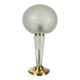 Large globe table lamp with a cracked glass base and brass stand.