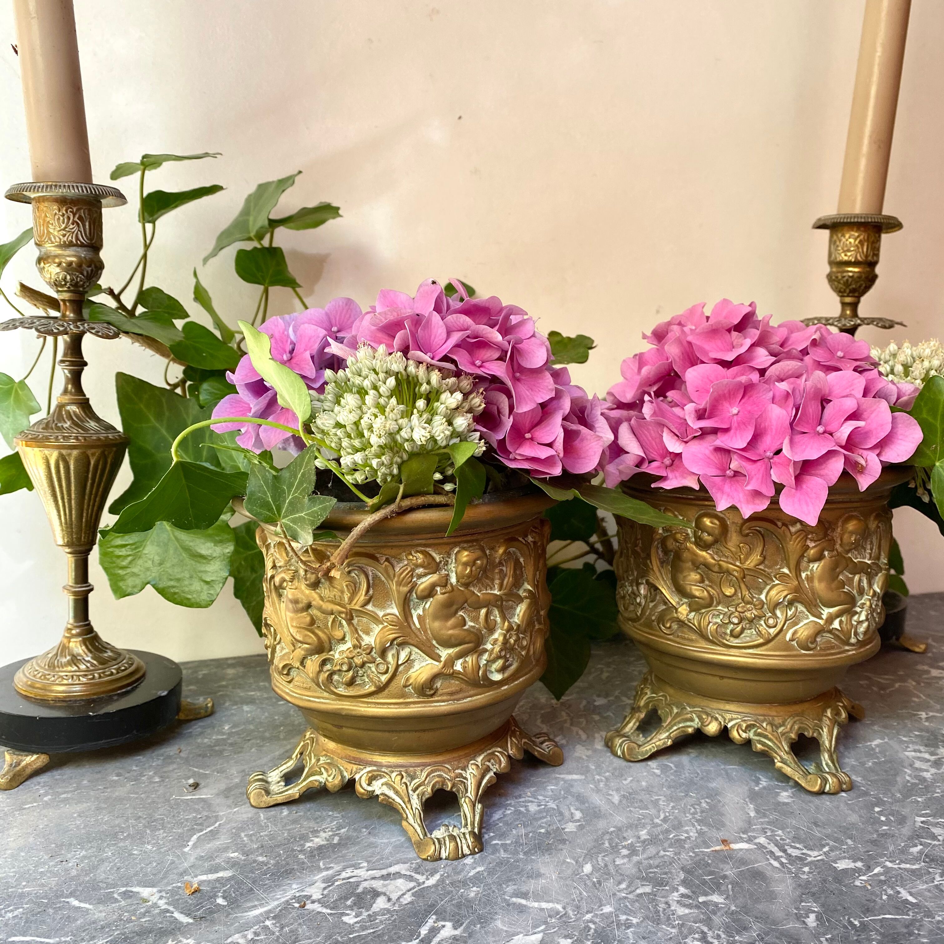 Pair of caches pots in brass repelled nineteenth century