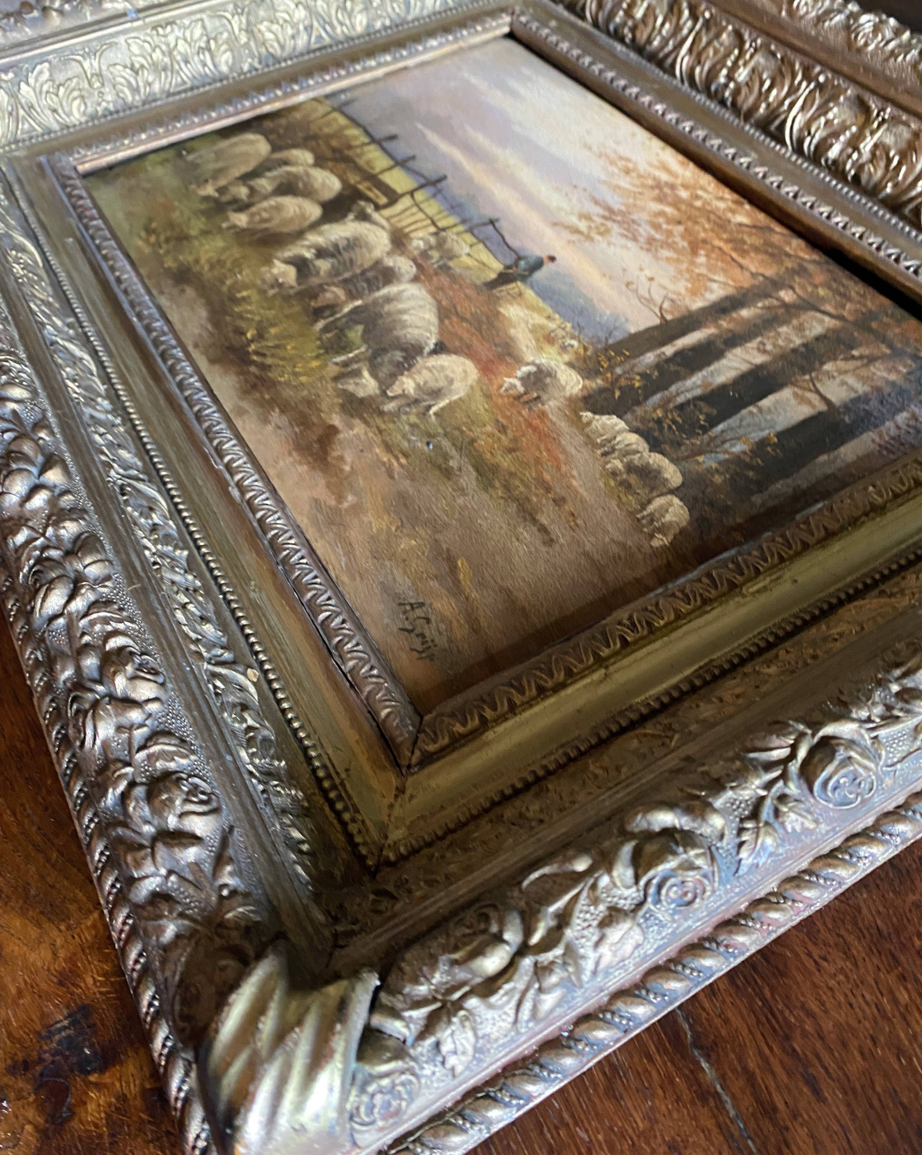 Impressionist painting "Shepherd and his sheep" 19th century signed Barbizon