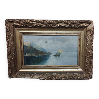 Peinture ancienne à l'huile sur toile, fin 19ème siècle, paysage lacustre