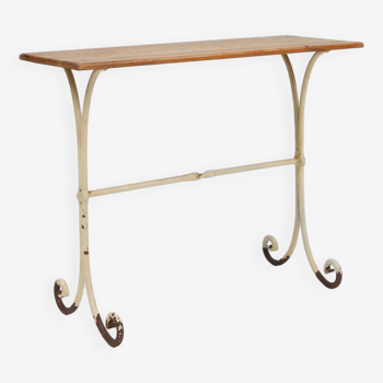 Élégante table de bistrot français avec base en métal beige et plateau en chêne, ca. 1950